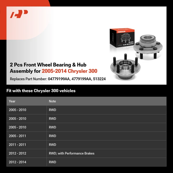 2 Pcs Front Wheel Bearing & Hub Assembly for 2005-2014 Chrysler 300