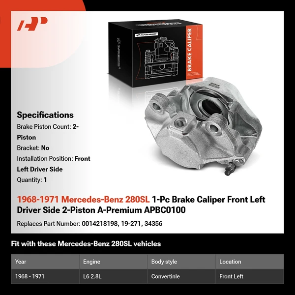 1968-1971 Mercedes-Benz 280SL 1-Pc Brake Caliper Front Left Driver Side 2-Piston A-Premium APBC0100