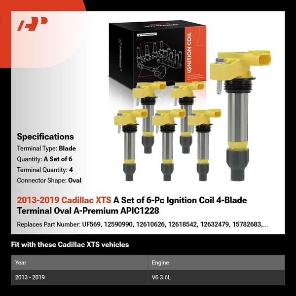 2013-2019 Cadillac XTS A Set of 6-Pc Ignition Coil 4-Blade Terminal Oval A-Premium APIC1228