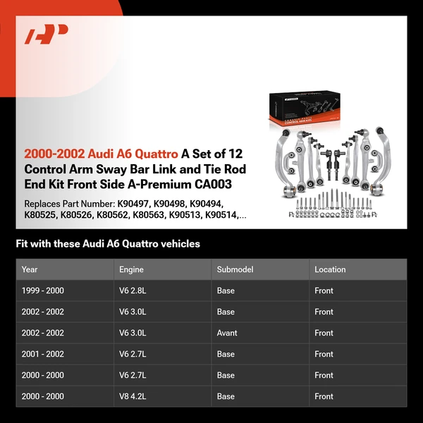 2000-2002 Audi A6 Quattro A Set of 12 Control Arm Sway Bar Link and Tie Rod End Kit Front Side A-Premium CA003