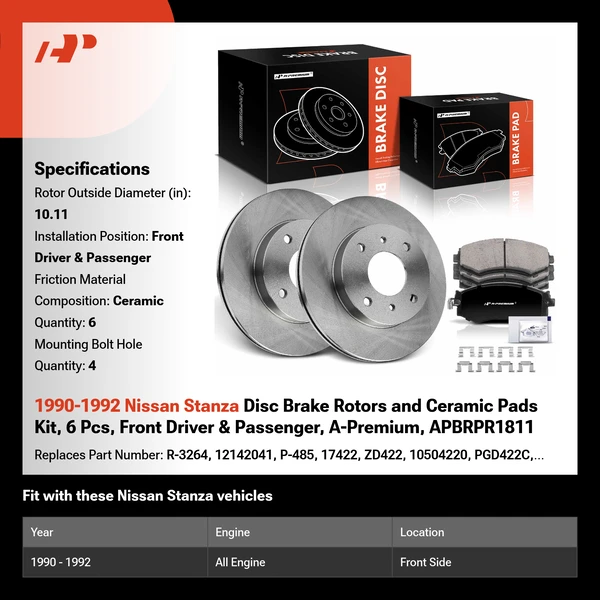 1990-1992 Nissan Stanza Disc Brake Rotors and Ceramic Pads Kit, 6 Pcs, Front Driver & Passenger, A-Premium, APBRPR1811