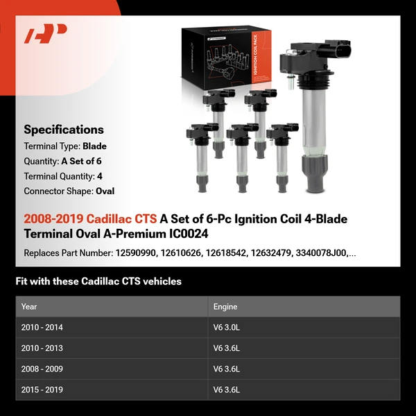 2008-2019 Cadillac CTS A Set of 6-Pc Ignition Coil 4-Blade Terminal Oval A-Premium IC0024