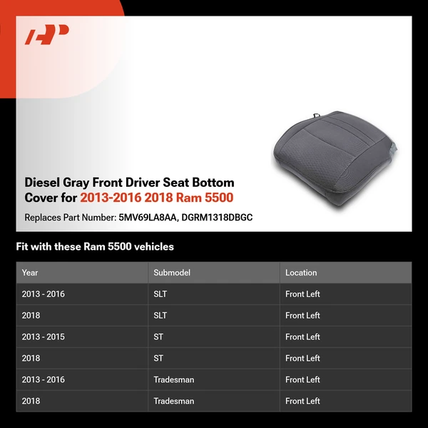 Diesel Gray Front Driver Seat Bottom Cover for 2013-2016 2018 Ram 5500