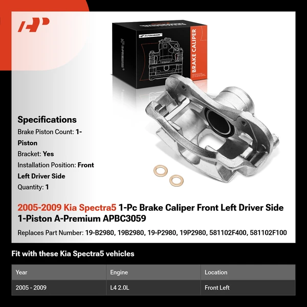2005-2009 Kia Spectra5 1-Pc Brake Caliper Front Left Driver Side 1-Piston A-Premium APBC3059