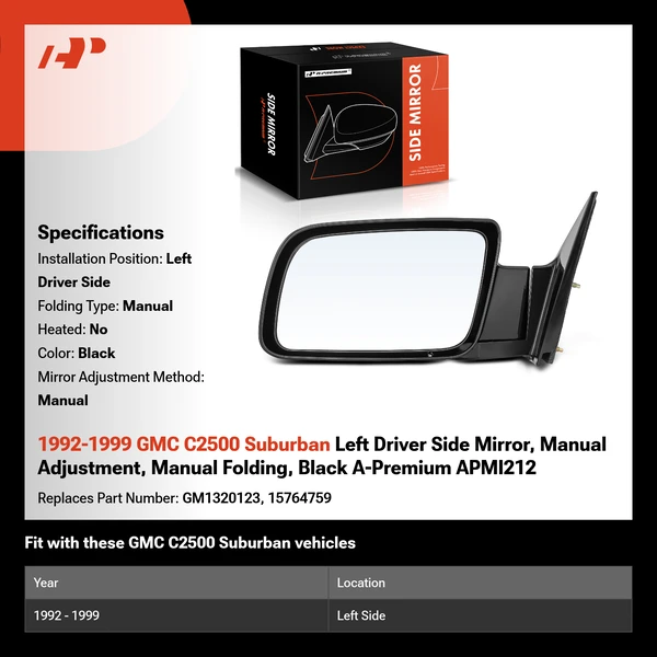 1992-1999 GMC C2500 Suburban Left Driver Side Mirror, Manual Adjustment, Manual Folding, Black A-Premium APMI212