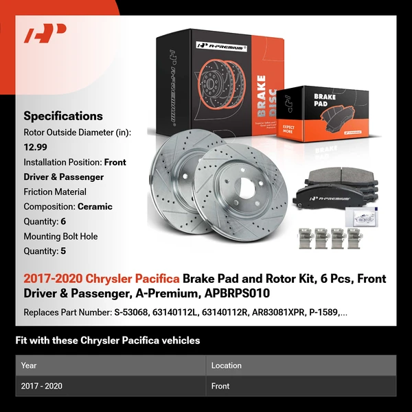 2017-2020 Chrysler Pacifica Brake Pad and Rotor Kit, 6 Pcs, Front Driver & Passenger, A-Premium, APBRPS010