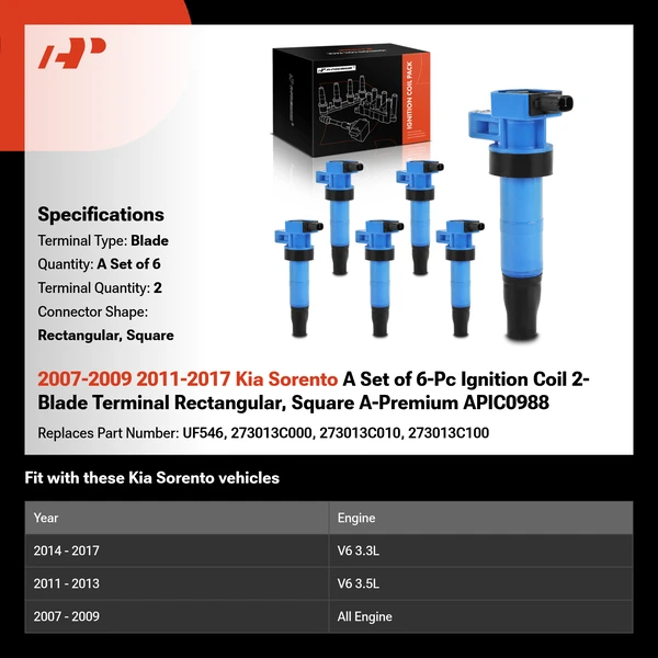 2007-2009 2011-2017 Kia Sorento A Set of 6-Pc Ignition Coil 2-Blade Terminal Rectangular, Square A-Premium APIC0988