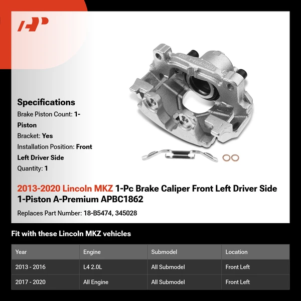 2013-2020 Lincoln MKZ 1-Pc Brake Caliper Front Left Driver Side 1-Piston A-Premium APBC1862