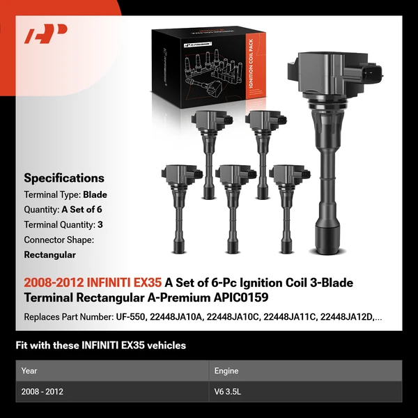 2008-2012 INFINITI EX35 A Set of 6-Pc Ignition Coil 3-Blade Terminal Rectangular A-Premium APIC0159
