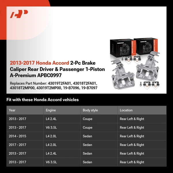 2013-2017 Honda Accord 2-Pc Brake Caliper Rear Driver & Passenger 1-Piston A-Premium APBC0997
