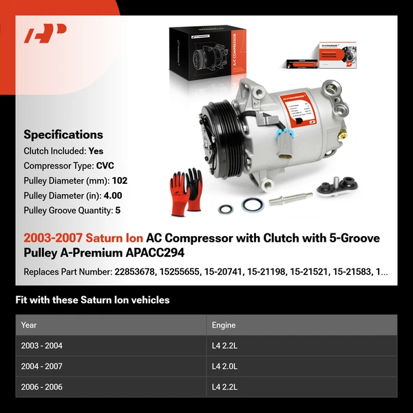 2003-2007 Saturn Ion AC Compressor with Clutch with 5-Groove Pulley A-Premium APACC294