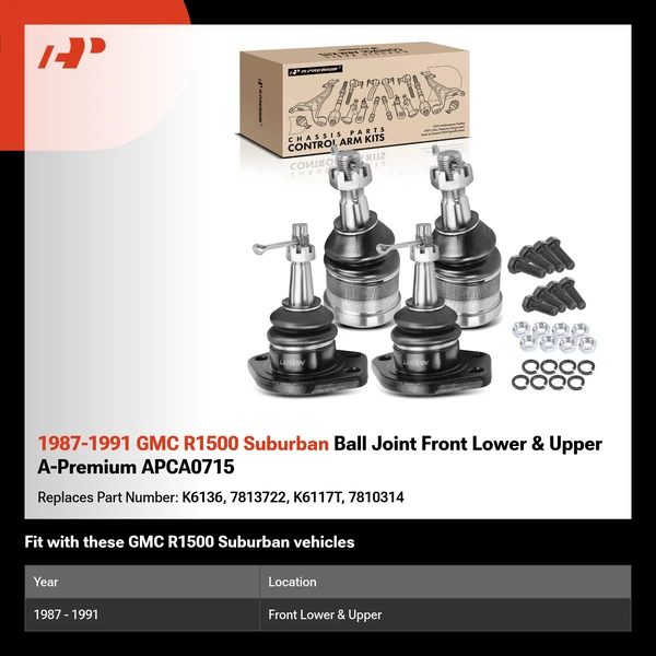 1987-1991 GMC R1500 Suburban Ball Joint Front Lower & Upper A-Premium APCA0715