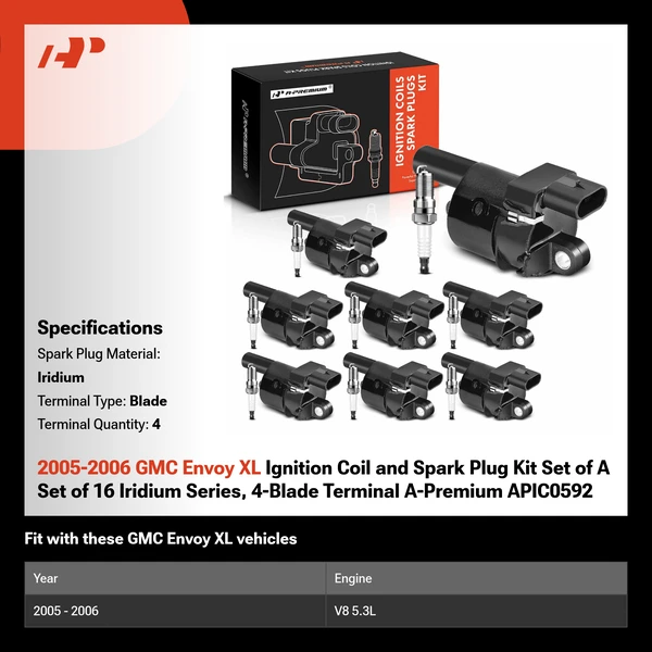 2005-2006 GMC Envoy XL Ignition Coil and Spark Plug Kit Set of A Set of 16 Iridium Series, 4-Blade Terminal A-Premium APIC0592