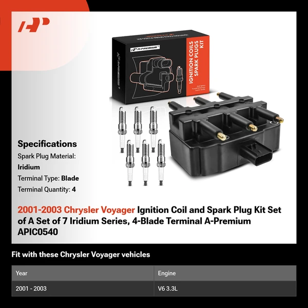 2001-2003 Chrysler Voyager Ignition Coil and Spark Plug Kit Set of A Set of 7 Iridium Series, 4-Blade Terminal A-Premium APIC0540