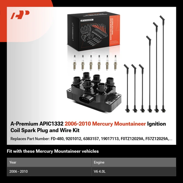 A-Premium APIC1332 2006-2010 Mercury Mountaineer Ignition Coil Spark Plug and Wire Kit