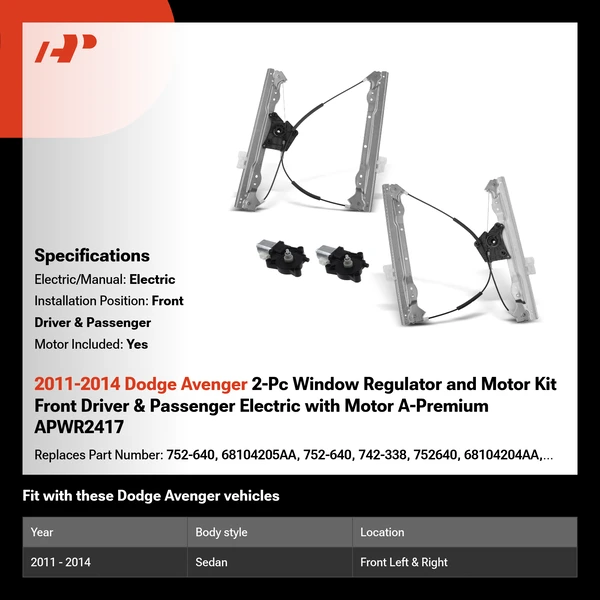 2011-2014 Dodge Avenger 2-Pc Window Regulator and Motor Kit Front Driver & Passenger Electric with Motor A-Premium APWR2417