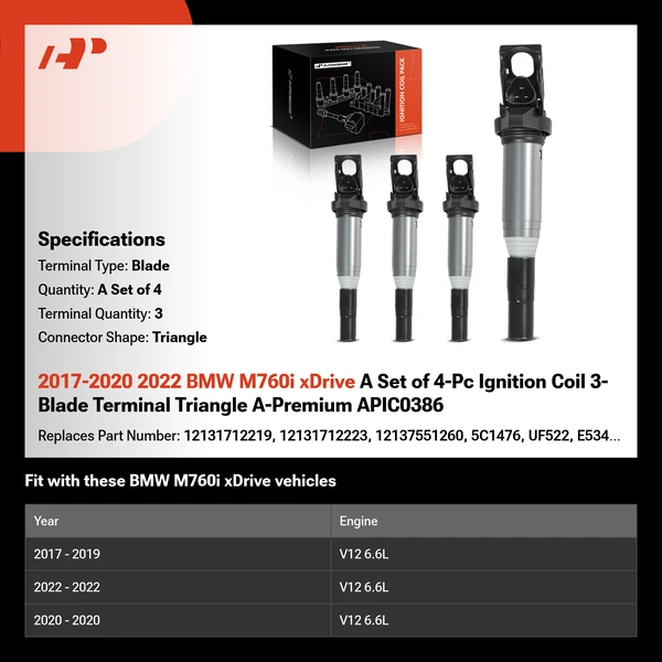 2017-2020 2022 BMW M760i xDrive A Set of 4-Pc Ignition Coil 3-Blade Terminal Triangle A-Premium APIC0386