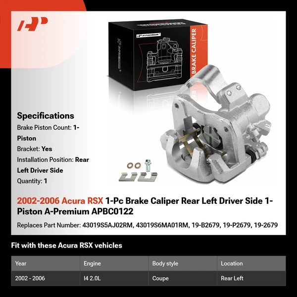 2002-2006 Acura RSX 1-Pc Brake Caliper Rear Left Driver Side 1-Piston A-Premium APBC0122