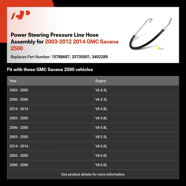 Power Steering Pressure Line Hose Assembly for 2003-2012 2014 GMC Savana 2500