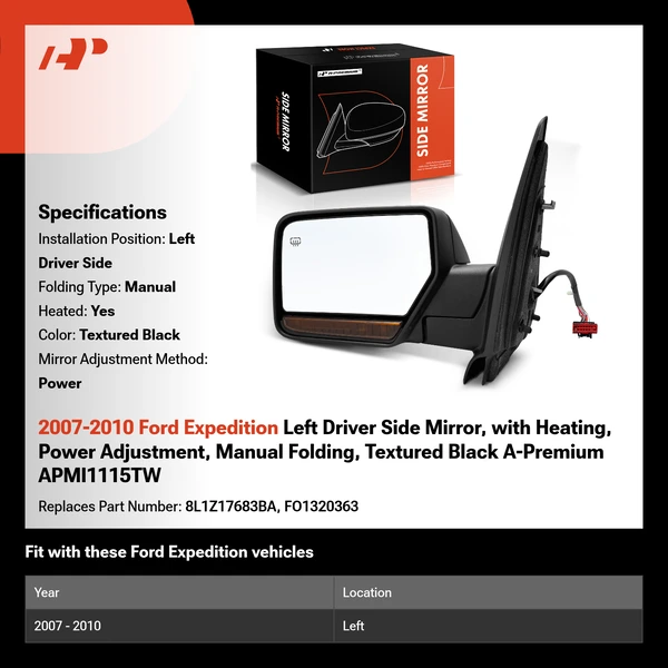 2007-2010 Ford Expedition Left Driver Side Mirror, with Heating, Power Adjustment, Manual Folding, Textured Black A-Premium APMI1115TW