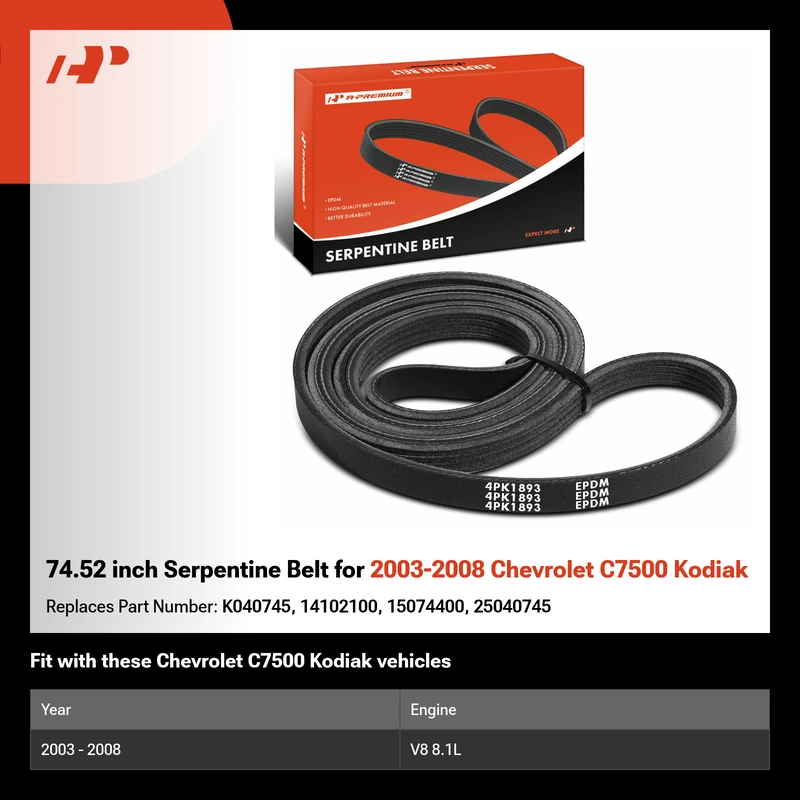 74.52 inch Serpentine Belt for 2003-2008 Chevrolet C7500 Kodiak