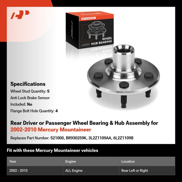 Rear Driver or Passenger Wheel Bearing & Hub Assembly for 2002-2010 Mercury Mountaineer