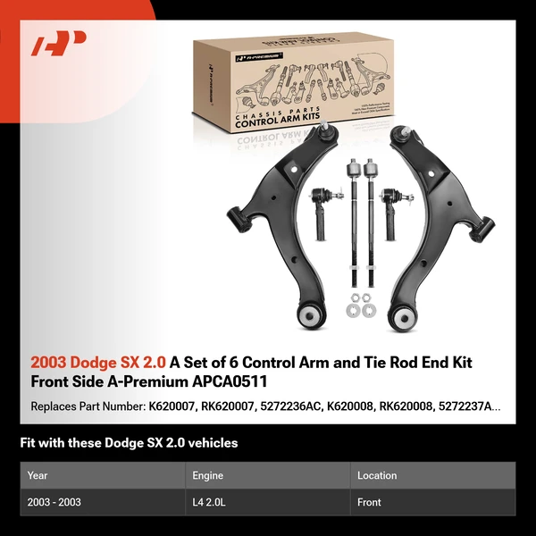 2003 Dodge SX 2.0 A Set of 6 Control Arm and Tie Rod End Kit Front Side A-Premium APCA0511