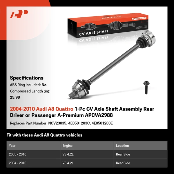 2004-2010 Audi A8 Quattro 1-Pc CV Axle Shaft Assembly Rear Driver or Passenger A-Premium APCVA2988
