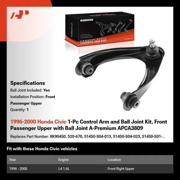 1996-2000 Honda Civic 1-Pc Control Arm and Ball Joint Kit, Front Passenger Upper with Ball Joint A-Premium APCA3809