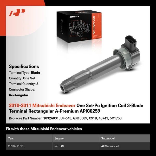 2010-2011 Mitsubishi Endeavor One Set-Pc Ignition Coil 3-Blade Terminal Rectangular A-Premium APIC0259