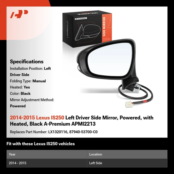 2014-2015 Lexus IS250 Left Driver Side Mirror, Powered, with Heated, Black A-Premium APMI2213