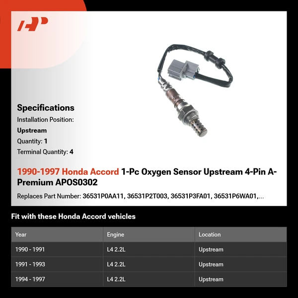 1990-1997 Honda Accord 1-Pc Oxygen Sensor Upstream 4-Pin A-Premium APOS0302