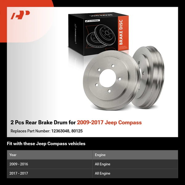 2 Pcs Rear Brake Drum for 2009-2017 Jeep Compass