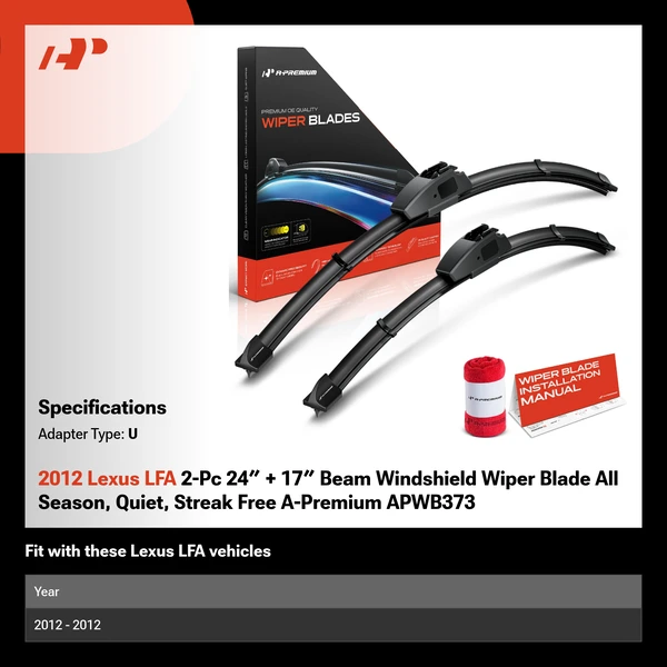 2012 Lexus LFA 2-Pc 24″ + 17″ Beam Windshield Wiper Blade All Season, Quiet, Streak Free A-Premium APWB373