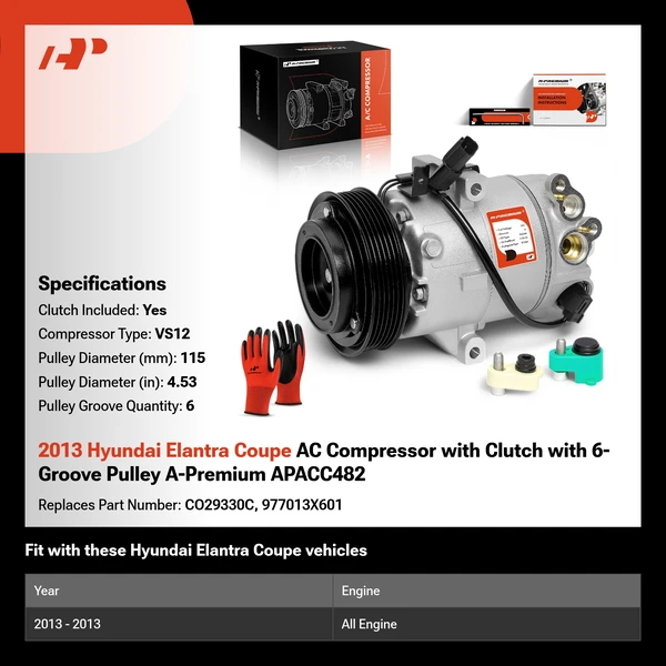 2013 Hyundai Elantra Coupe AC Compressor with Clutch with 6-Groove Pulley A-Premium APACC482
