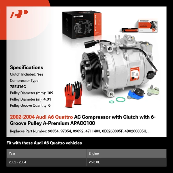 2002-2004 Audi A6 Quattro AC Compressor with Clutch with 6-Groove Pulley A-Premium APACC100