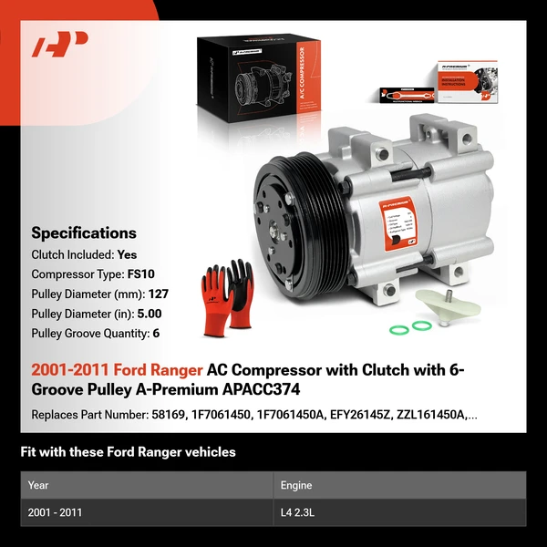2001-2011 Ford Ranger AC Compressor with Clutch with 6-Groove Pulley A-Premium APACC374