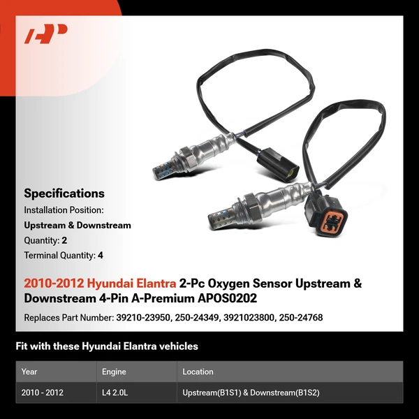 2010-2012 Hyundai Elantra 2-Pc Oxygen Sensor Upstream & Downstream 4-Pin A-Premium APOS0202