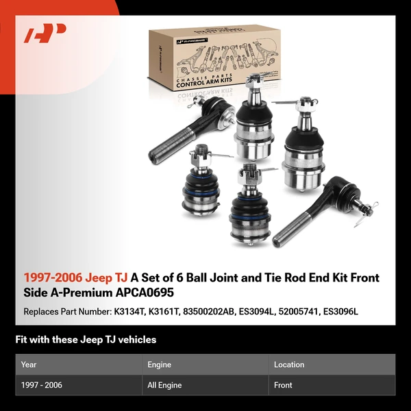 1997-2006 Jeep TJ A Set of 6 Ball Joint and Tie Rod End Kit Front Side A-Premium APCA0695