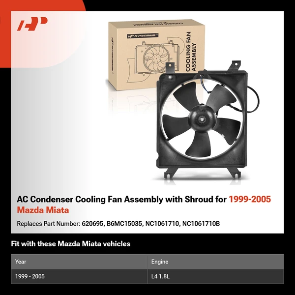 AC Condenser Cooling Fan Assembly with Shroud for 1999-2005 Mazda Miata