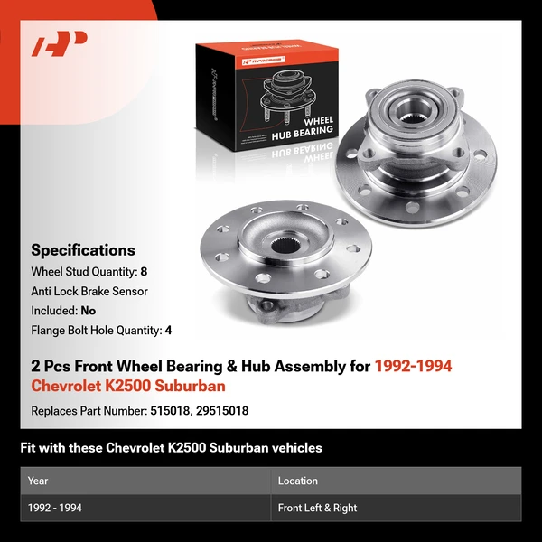2 Pcs Front Wheel Bearing & Hub Assembly for 1992-1994 Chevrolet K2500 Suburban
