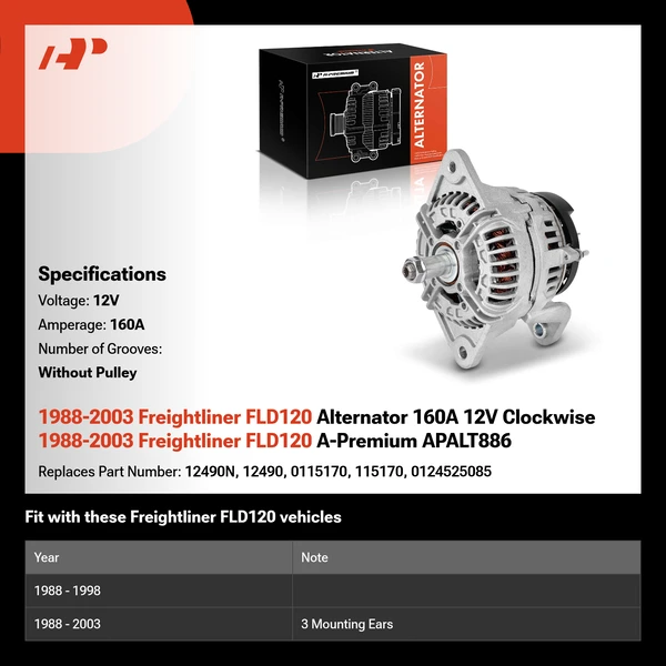 1988-2003 Freightliner FLD120 Alternator 160A 12V Clockwise 1988-2003 Freightliner FLD120 A-Premium APALT886