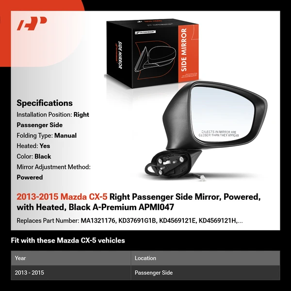 2013-2015 Mazda CX-5 Right Passenger Side Mirror, Powered, with Heated, Black A-Premium APMI047