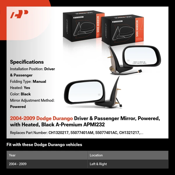 2004-2009 Dodge Durango Driver & Passenger Mirror, Powered, with Heated, Black A-Premium APMI232