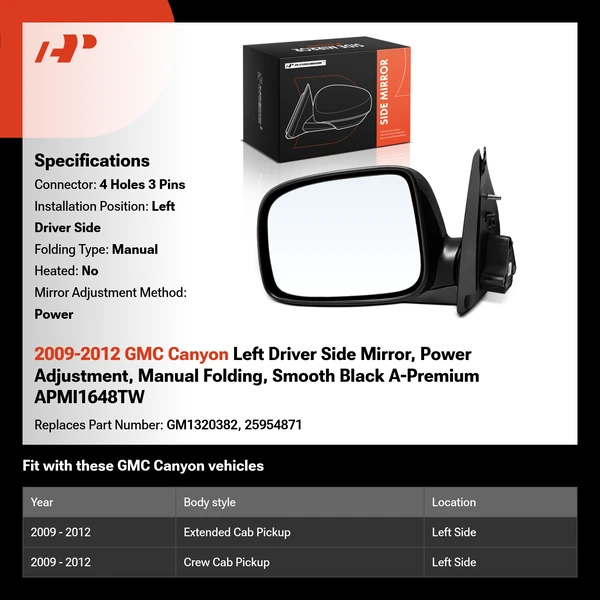 2009-2012 GMC Canyon Left Driver Side Mirror, Power Adjustment, Manual Folding, Smooth Black A-Premium APMI1648TW