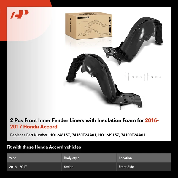 2 Pcs Front Inner Fender Liners with Insulation Foam for 2016-2017 Honda Accord