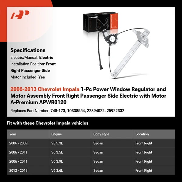 2006-2013 Chevrolet Impala 1-Pc Power Window Regulator and Motor Assembly Front Right Passenger Side Electric with Motor A-Premium APWR0120