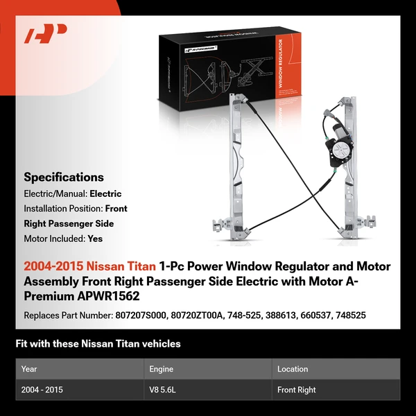 2004-2015 Nissan Titan 1-Pc Power Window Regulator and Motor Assembly Front Right Passenger Side Electric with Motor A-Premium APWR1562