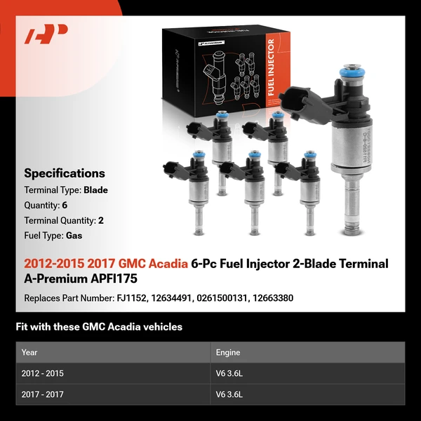 2012-2015 2017 GMC Acadia 6-Pc Fuel Injector 2-Blade Terminal A-Premium APFI175