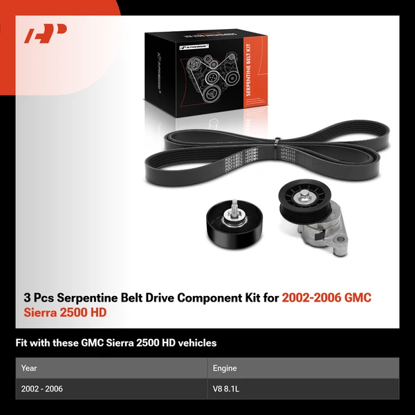3 Pcs Serpentine Belt Drive Component Kit for 2002-2006 GMC Sierra 2500 HD